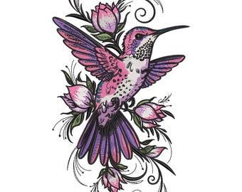 Hummingbird and Flowers Embroidery Design, Elegant Floral Bird Machine Embroidery File, Spring Garden Stitch Pattern