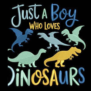 May include: Black background with the text "Just A Boy Who Loves Dinosaurs" in blue, yellow, and light green. Five dinosaur illustrations in shades of blue, green, and yellow are featured.