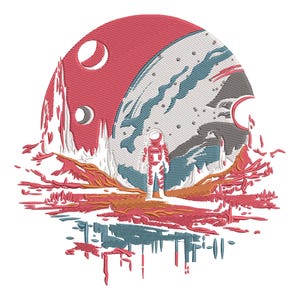 May include: An embroidered design featuring an astronaut standing on a planet's surface, with a large red planet and two moons in the background. The design uses shades of red, orange, blue, and white, creating a space-themed illustration.