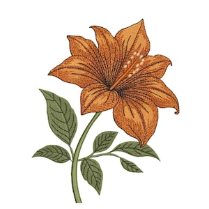 May include: An embroidered design of a large orange flower with pointed petals and a prominent central stamen, attached to a green stem featuring several detailed leaves with visible stitching lines, isolated on a plain white background.