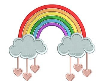 May include: A colorful rainbow design with red, orange, yellow, green, blue, and purple arches. Two fluffy gray clouds with white trim are at the base, each suspending three pink heart charms. This design is suitable for embroidery or applique projects.