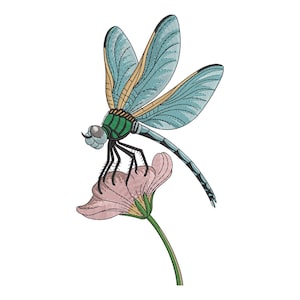 May include: A detailed illustration of a dragonfly perched on a pink flower. The dragonfly has blue and yellow wings, a green head, and a segmented body. The flower has a delicate, layered petal design and a green stem, all set against a white background.