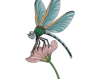 Dragonfly on Flower Embroidery Design, Insect and Floral Machine Embroidery File, Nature Stitch Pattern