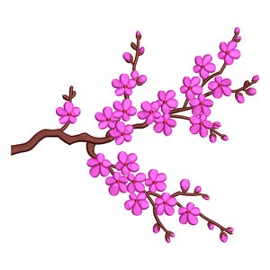 May include: A digital illustration of a flowering cherry blossom branch. The branch is brown, with clusters of pink flowers and buds. The flowers have a detailed, textured appearance, and the background is white.