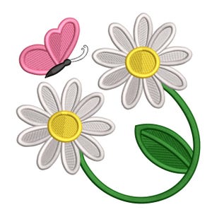 May include: An embroidered design featuring two white daisies with yellow centers and a pink butterfly. The butterfly has black antennae and is positioned near the flowers. The flowers are connected by a green stem and leaf.