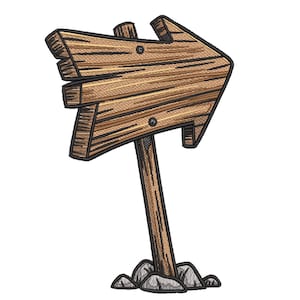 May include: A wooden arrow sign pointing right, with a brown wooden post and arrow head. The arrow is made of planks and is attached to the post with two rivets. The sign is set on a base of gray stones.