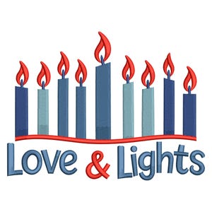 May include: An embroidered design featuring eight candles in shades of blue, with red flames. The candles are arranged in a row above the words "Love & Lights" in blue script with a red ampersand. The design is on a white background.