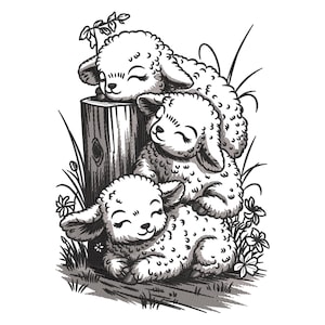 Könnte beinhalten: Drei Schwarzweiß-Zeichnungen von Lämmern, die sich in der Nähe eines Baumstumpfes aneinanderkuscheln. Die Lämmer schlafen mit geschlossenen Augen. Die Zeichnung ist auf weißem Hintergrund.