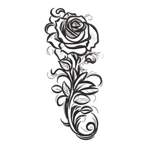 May include: A black and white line drawing of a rose with intricate details. The rose is drawn with a delicate, flowing style, and the petals are curled and overlapping. The rose is surrounded by leaves and stems, which are also drawn in a delicate style.