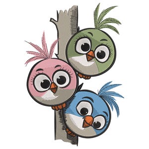 May include: Embroidered design featuring three cartoon birds in pink, green, and blue, peeking from behind a tree branch. Each bird has large eyes, a beak, and a tuft of feathers. The design is on a white background.
