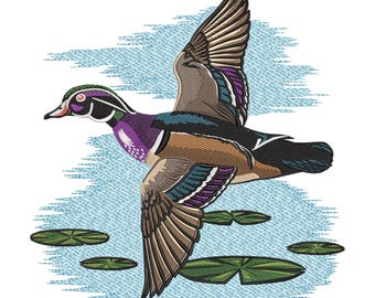 Flying Duck Embroidery Design – Colorful Pond Bird with Water Lily Stitch Pattern