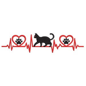 May include: A black cat silhouette walks across a red heartbeat line, flanked by two red hearts each containing a black paw print. The design is on a white background, creating a striking contrast.