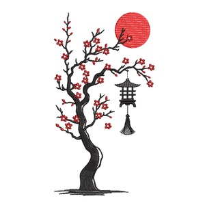 May include: An embroidered design featuring a stylized black tree with red blossoms and a red sun in the background. A black lantern with a tassel hangs from a branch, creating a serene, Asian-inspired scene.