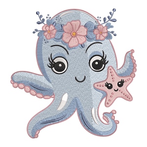 May include: A blue octopus with a pink flower crown and big eyes holds a pink starfish with a smiling face.