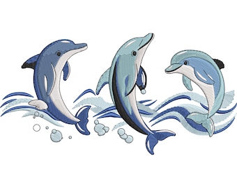Dolphin Embroidery Design, Ocean Wave Machine Embroidery File, Playful Sea Animal Embroidery Pattern