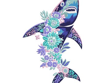 Floral Shark Embroidery Design: Sea Animal Stitch embroidery file