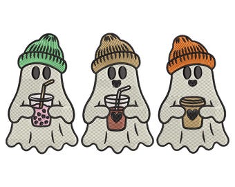 Spooky Cute Ghost Coffee Drinkers Embroidery Design – Halloween Beverage Machine Embroidery File