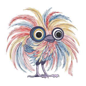 Funny Bird Embroidery Design, Colorful Crazy Feather Machine Embroidery File, Quirky Cartoon Animal Stitch Pattern