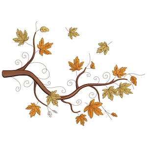 May include: An embroidered brown branch with maple leaves in gold and orange hues. The leaves are depicted falling, with some detached. The design features decorative swirls and is set against a white backdrop.