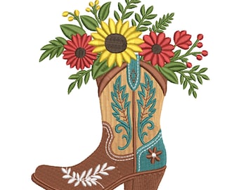 Sunflower Cowboy Boot Floral Machine Embroidery Design-Machine Embroidery Design File