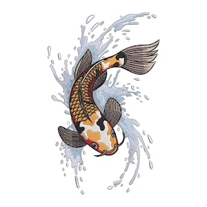 Puede incluir: Ilustración de una carpa koi con patrones naranjas, blancos y negros, emergiendo de un chorro de agua. El pez tiene aletas detalladas y un cuerpo curvado, sobre un fondo blanco.