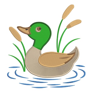 May include: An embroidered design of a duck swimming in blue water, with green cattails and reeds. The duck has a green head, tan body, and brown beak. The design is on a white background.