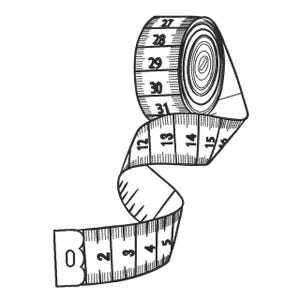 Könnte beinhalten: Schwarz-Weiß-Illustration eines Maßbands, abgerollt und aufgerollt. Das Band zeigt Messungen in Zentimetern, mit Zahlen von 0 bis 31. Geeignet für Nähen, Basteln oder jedes Projekt, das präzise Messungen erfordert.