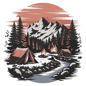 Camping Embroidery Design, Mountain Scene with Tents and Campfire Machine Embroidery File, Outdoor Nature Stitch Pattern