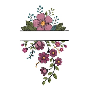 Puede incluir: Un diseño de bordado que presenta un espacio horizontal en blanco enmarcado por elementos florales. La sección superior tiene una flor rosa grande con hojas verdes y ramitas azul verdoso. La sección inferior muestra flores rosa oscuro.