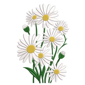 以下が含まれることがあります： 黄色い中心と緑の茎と葉を持つ白いデイジーの花のクラスター。 デイジーはさまざまな開花段階にあり、いくつかのつぼみはまだ閉じています。 画像は白い背景に設定されています。