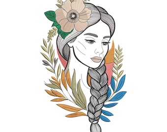 Bloemen vrouw borduurontwerp, gevlochten haar dame machineborduurbestand, artistiek portret steekpatroon