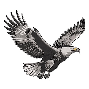 May include: A black and white illustration of a bald eagle with its wings spread wide. The eagle is flying with its head turned to the side, looking to the right. The eagle's beak is open and its eyes are closed.