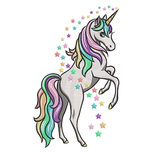 May include: An embroidered design of a unicorn rearing up on its hind legs. The unicorn has a white body, a golden horn, and a multicolored mane and tail. Colorful star shapes surround the unicorn, creating a whimsical and magical feel.