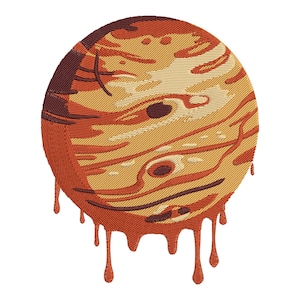May include: A stylized illustration of the planet Jupiter with orange and brown stripes, dripping with orange liquid. The planet is depicted as a melting, gooey substance.