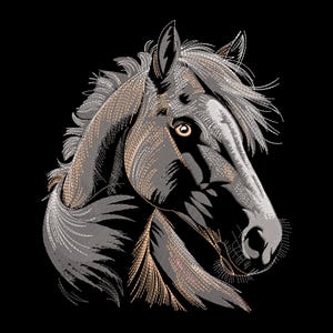 May include: A detailed line drawing of a horse's head, with a white and gray mane and a black body. The horse's eye is visible and has a light brown color.