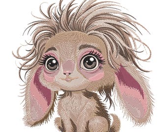 May include: A cartoon illustration of a brown bunny with pink ears and large eyes. The bunny has a fluffy brown mane and is sitting with its paws tucked under its body.