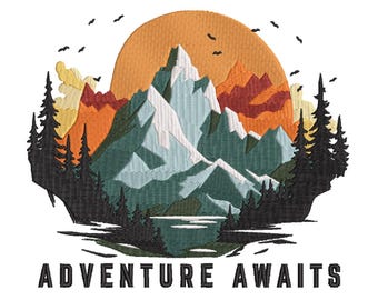 Adventure Awaits Mountain Camping Machine Embroidery Design-Machine Embroidery Design File