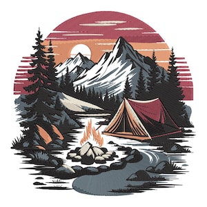 Mountain Camping Embroidery Design, Tent and Campfire Scene Machine Embroidery File, Wilderness Nature Patch