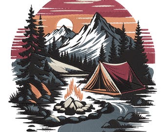 Peut inclure: Motif brodé d'une scène de camping avec une tente, un feu de camp et des montagnes sous un coucher de soleil. La palette de couleurs comprend des nuances de rouge, d'orange, de bleu et de noir, créant une esthétique vintage. Le design est circulaire, avec une représentation détaillée de la nature.