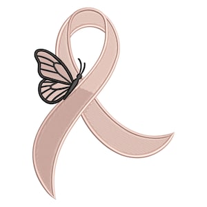Puede incluir: Cinta rosa claro con una mariposa. La mariposa tiene contornos negros y un patrón de alas detallado. La cinta es un símbolo de concienciación, con un aspecto texturizado y bordado.
