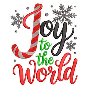 May include: A festive design with the words "Joy to the World" in red, black, and green script. A red and white striped candy cane and gray snowflakes and dots complete the holiday theme.