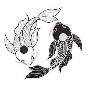 Könnte beinhalten: Schwarz-weiße Linienkunst-Illustration von zwei Koi-Fischen, die im Kreis schwimmen. Die Fische schauen sich an und haben Yin-Yang-Symbole auf ihren Körpern.