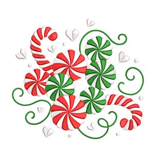 May include: A festive arrangement of red and white striped candy canes and peppermint candies, along with green swirls and white heart shapes. The design is set against a white background, creating a cheerful holiday theme.