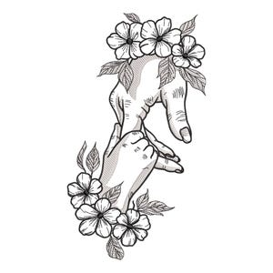 Puede incluir: Un dibujo en blanco y negro de dos manos entrelazadas con flores que las rodean.