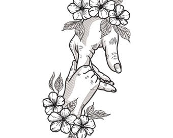 Holding Hands Embroidery Design, Floral Line Art Machine Embroidery File, Family Love Stitch Pattern