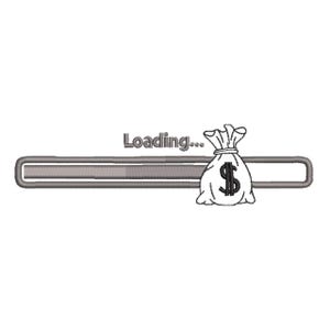 May include: An embroidery design featuring a horizontal loading bar with the text Loading... above it. A money bag with a dollar sign symbol is positioned on the right side of the bar. The entire graphic is rendered in shades of gray and black.