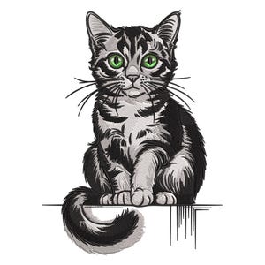 May include: An embroidered image of a seated cat with green eyes, black stripes, and gray fur. The cat's tail curls to the left, and it sits on a horizontal line with vertical lines hanging below. The cat has long whiskers.