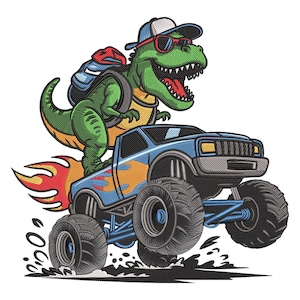 Dino Monster Truck Haft Projekt, Fajny T-Rex Jazda Maszyna Haft Plik, Zabawny Dziecięcy Wzór Ściegu