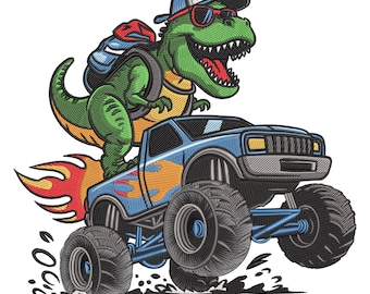 Dino Monster Truck Embroidery Design, Cool T-Rex Driving Machine Embroidery File, Fun Kids Stitch Pattern