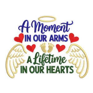Può includere: Un disegno per ricamo con il testo A MOMENT IN OUR ARMS A LIFETIME IN OUR HEARTS in blu e verde. Il design include un'aureola gialla, quattro cuori rossi, due ali d'angelo gialle e un paio di piccoli piedini da neonato gialli al centro.
